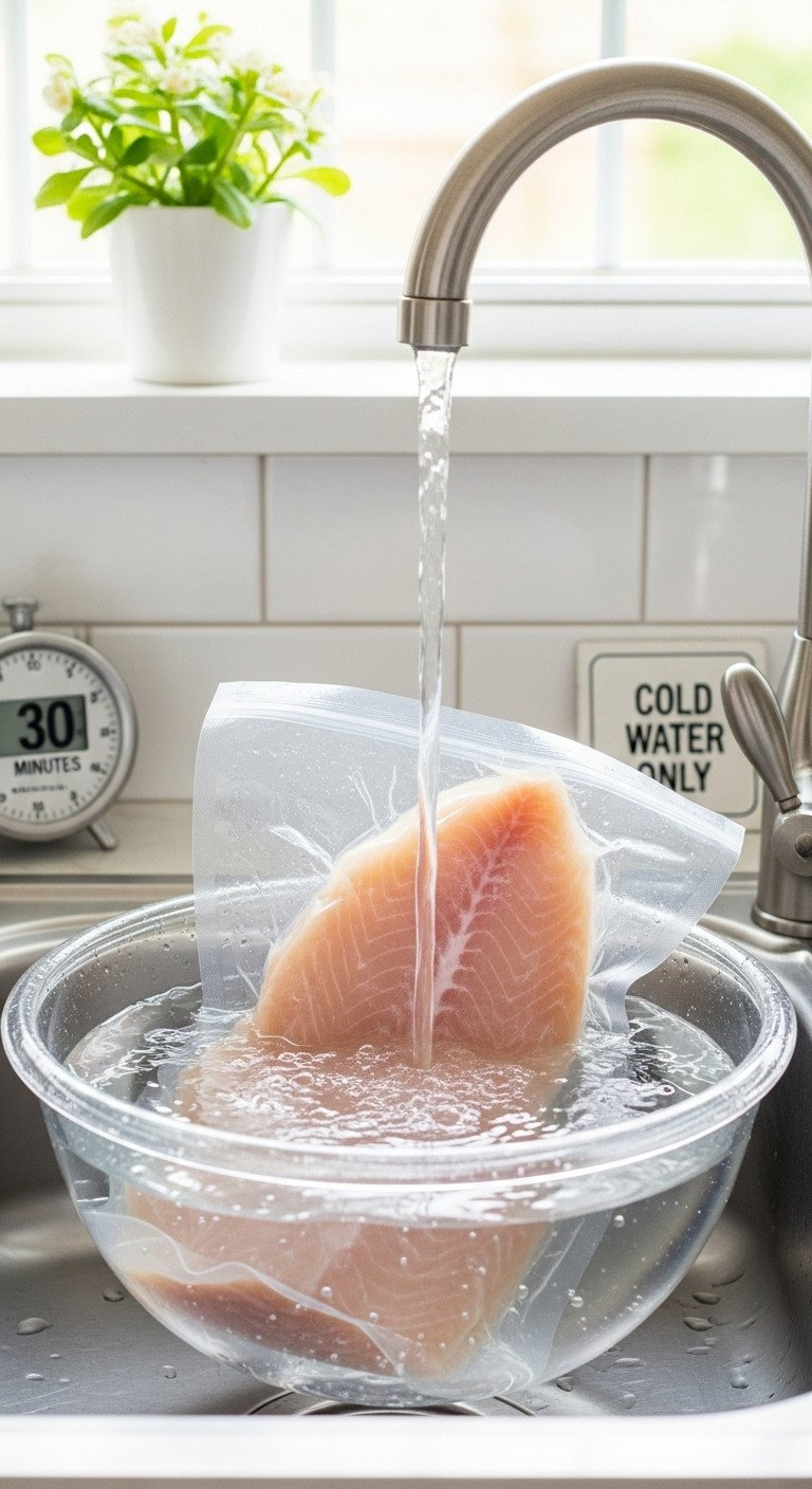 Vacuum-Sealed Mahi Mahi Fillets Thawing In A Glass Bowl Under Cold Running Water In A Stainless Steel Sink, With A Kitchen Timer.