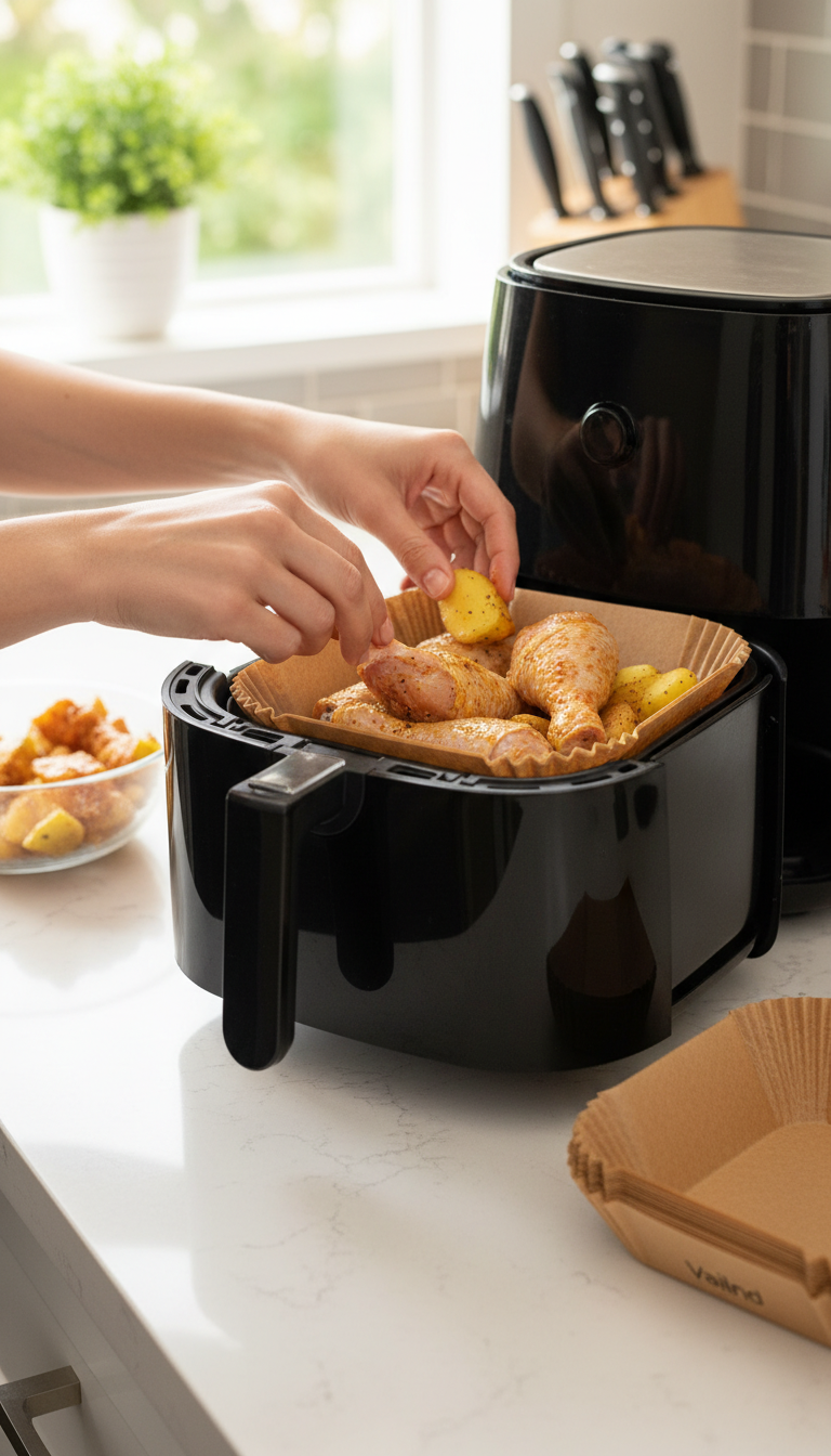 A Cosori 5.8Qt Air Fryer With A Vailnd Disposable Liner Inside, Next To A Plate Of Uncooked Chicken Wings.