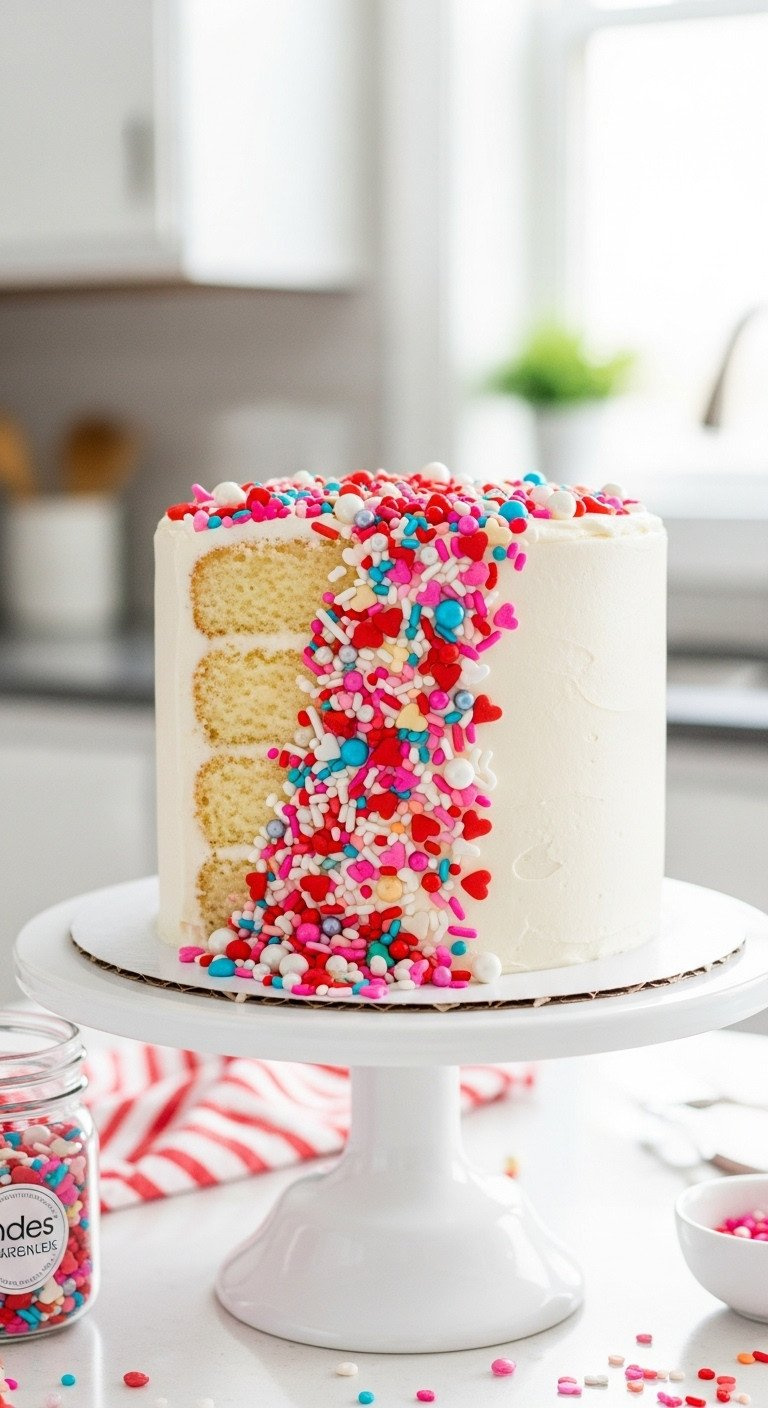 Valentine's Cake, Half-Frosted, With Colorful Red And Pink Sprinkles Cascading Down White Buttercream On A Stand.
