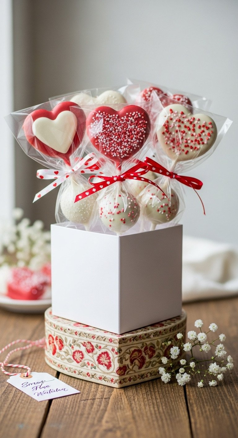 Valentine's Cake Pops, Individually Wrapped And Tied With Ribbon, Displayed In An Elegant White Gift Box For Sweet Holiday Gifts.