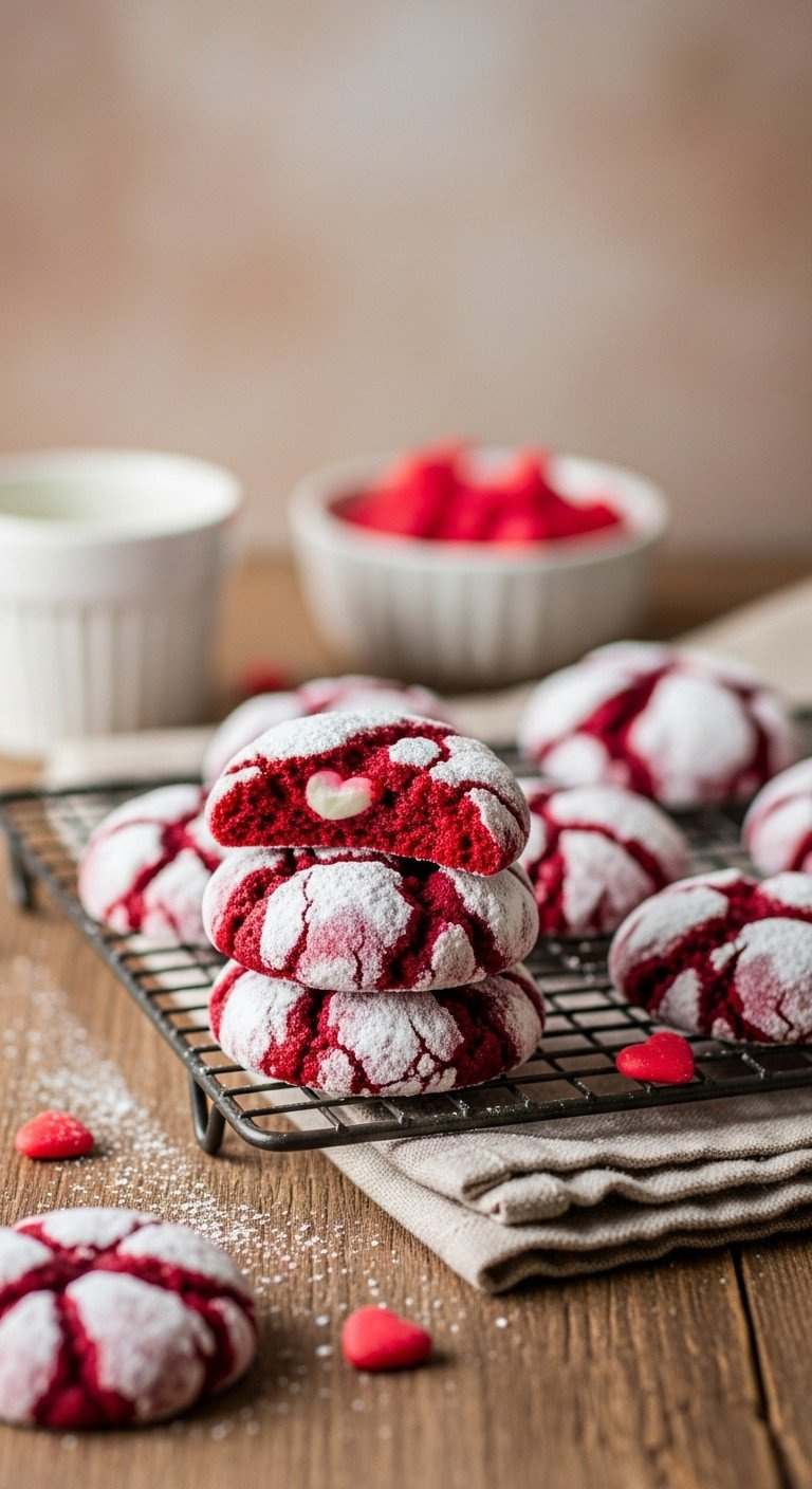Valentine's Deep Red Velvet Crinkle Cookies Dusted With Powdered Sugar, Cooling On A Wire Rack On A Rustic Table.