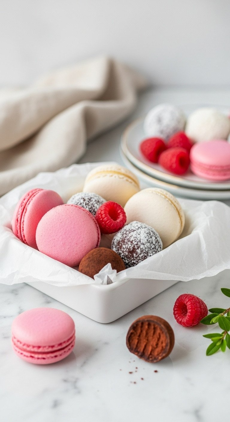 Valentine's Gourmet Pink, White, Red Macarons And Dark Chocolate Truffles In A Segmented White Box On A Marble Counter, With Raspberries.
