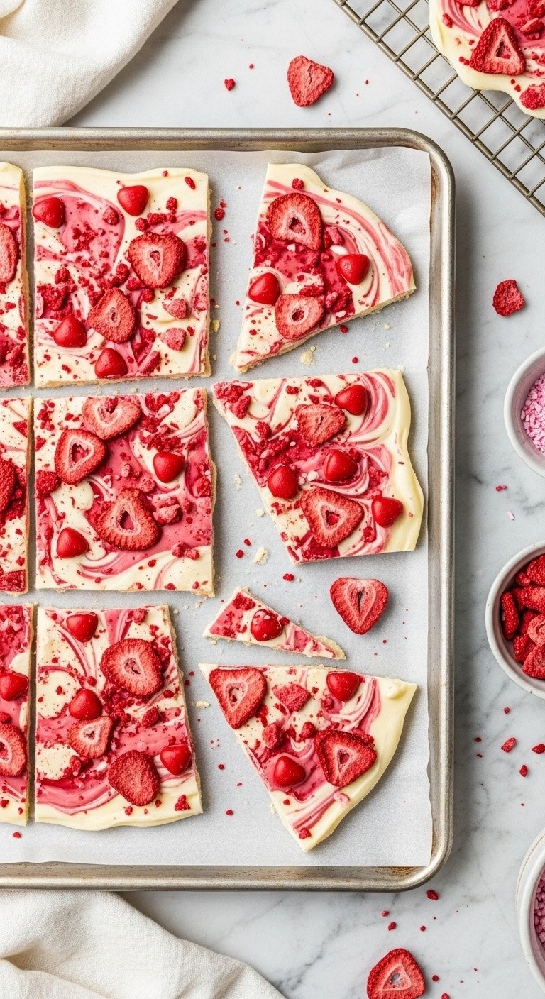 Valentine's No-Bake White Chocolate Bark Swirled With Pink, Topped With Freeze-Dried Strawberries And Red Candy Hearts.