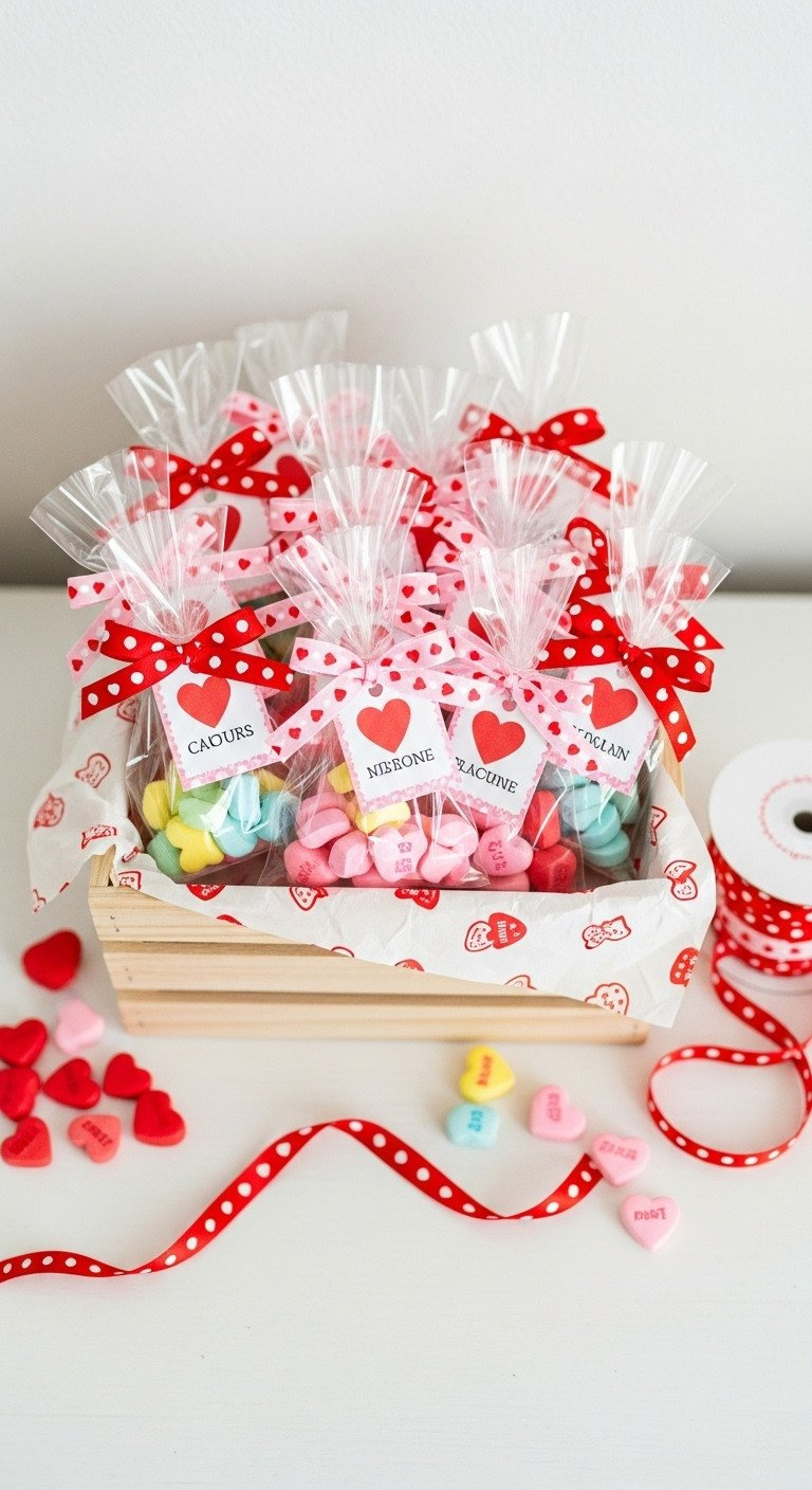 Valentine's School Favors: Cellophane Pouches With Heart Candies &Amp; Stickers, Tied With Red Ribbon &Amp; Personalized Tag.