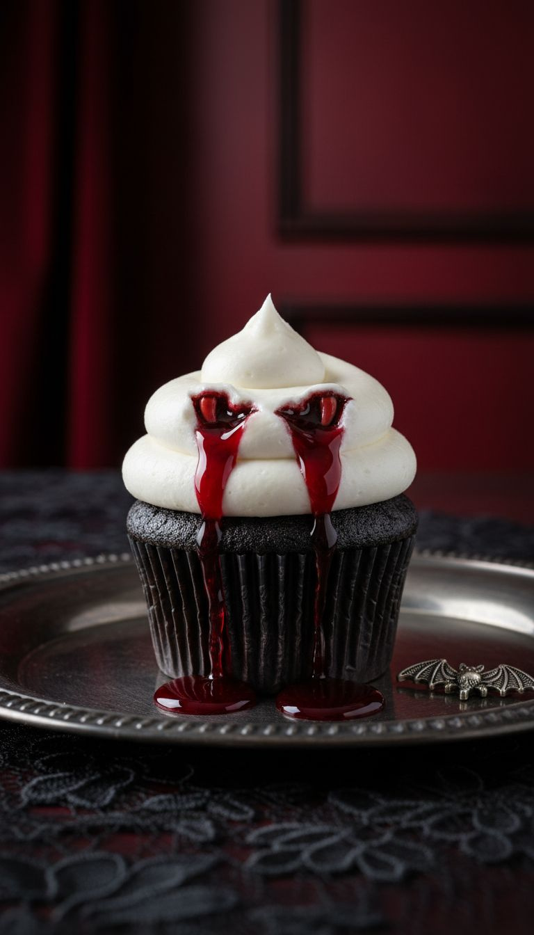 Vampire Bite Cupcake: White Frosting, Red 'Blood' Oozing From 'Bites'. Elegant And Spooky Halloween Party Dessert.