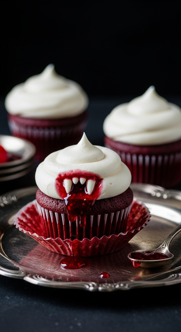 Vampire Bite Cupcakes With Red Jam &Quot;Blood&Quot; On A Vintage Silver Platter Against A Dark Velvet Backdrop