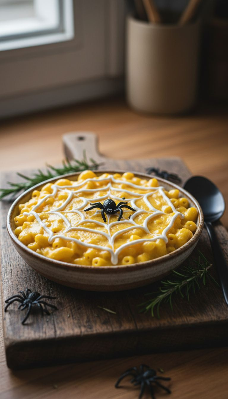 Vampire Bat Dairy-Free Mac And Cheese, Orange/Red With Tortilla Chip Wings And Olive Heads, On A Dark Rustic Table.