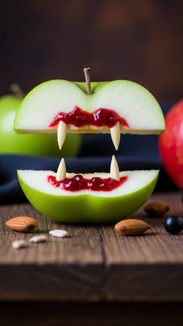 Vampire Bite Apple Slices With Almond Fangs And Red Fruit Compote Arranged Spookily On Rustic Wooden Table