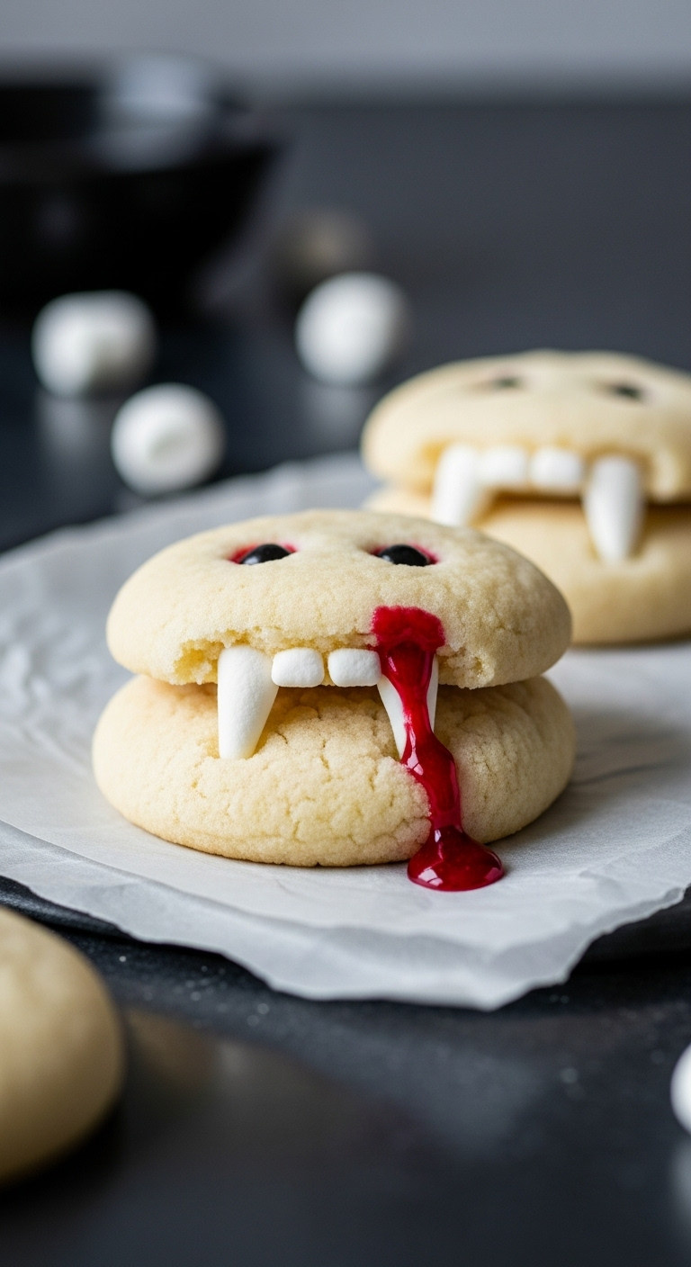 Vampire Bite Cookies With Marshmallow Fangs And Red &Quot;Blood&Quot; Icing Drip On Parchment Paper, Perfect Spooky Halloween Dessert Idea.