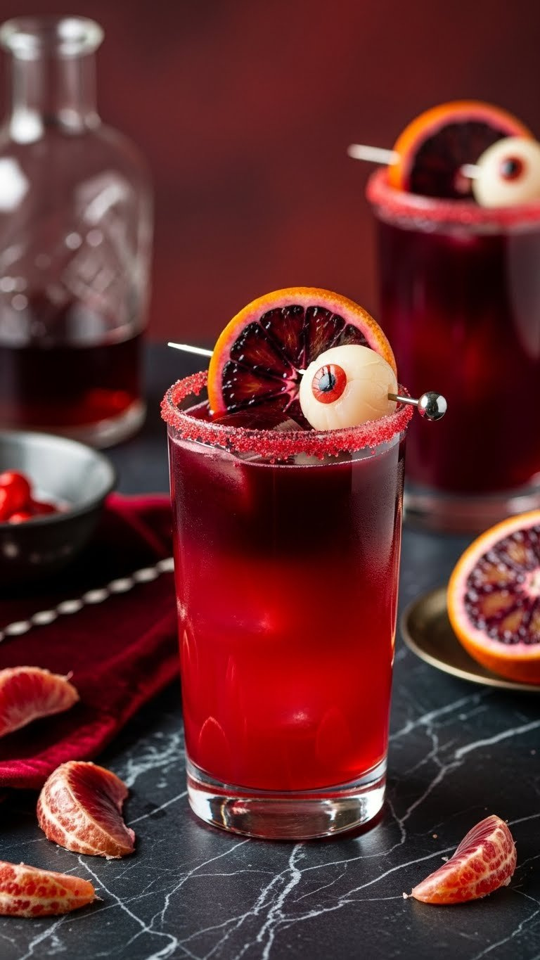 Vampire Blood Orange Elixir In Tall Sugar-Rimmed Glass With Lychee Eyeball Garnish For Elegant Halloween Cocktail.
