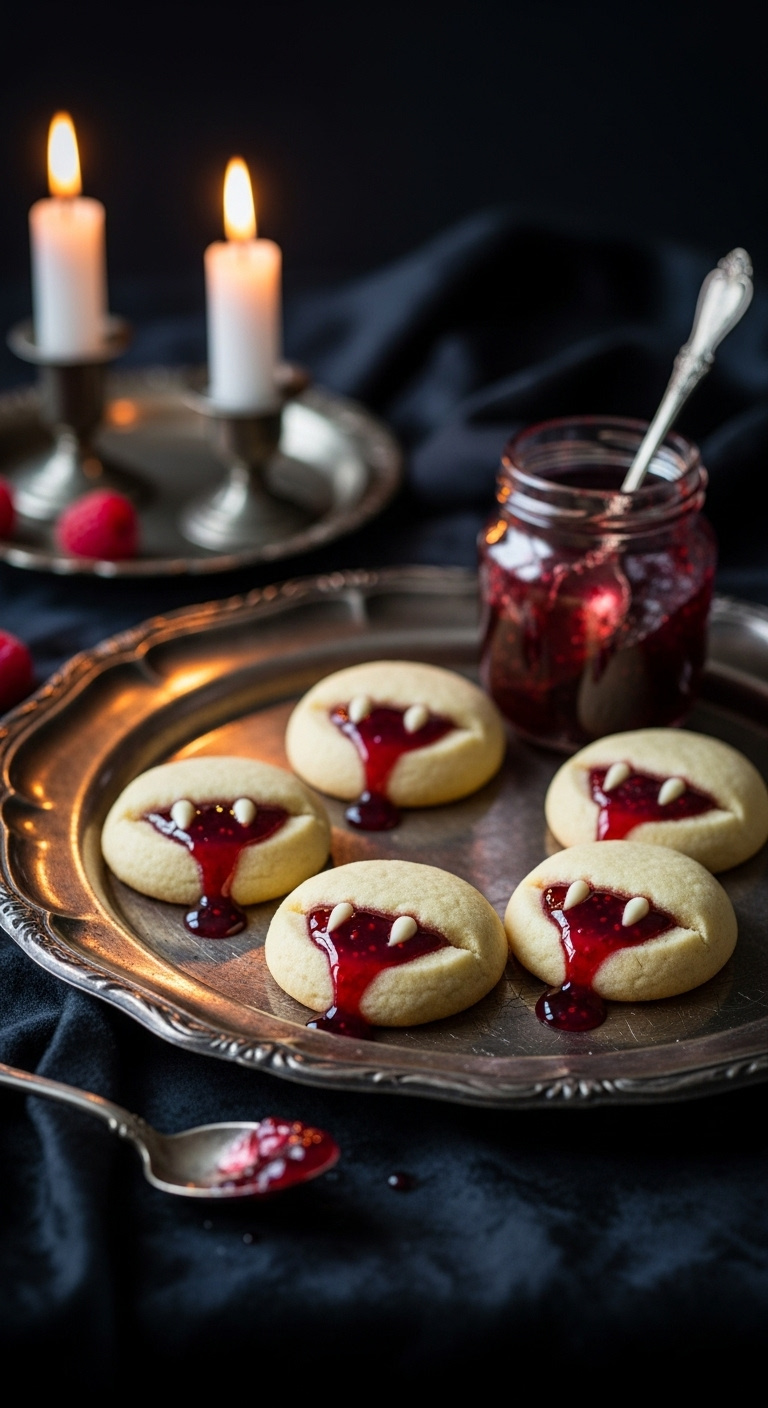 Vampire Kiss Butter Cookies With Raspberry Jam Blood On A Tarnished Silver Platter With An Antique Jam Jar