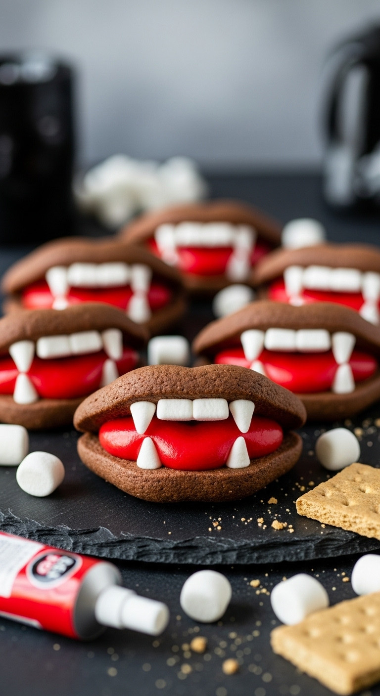 Vampire Mouth Marshmallow Cookies: Chocolate Graham Lips, Red Frosting, Marshmallow Fangs On Dark Slate, Spooky Background.