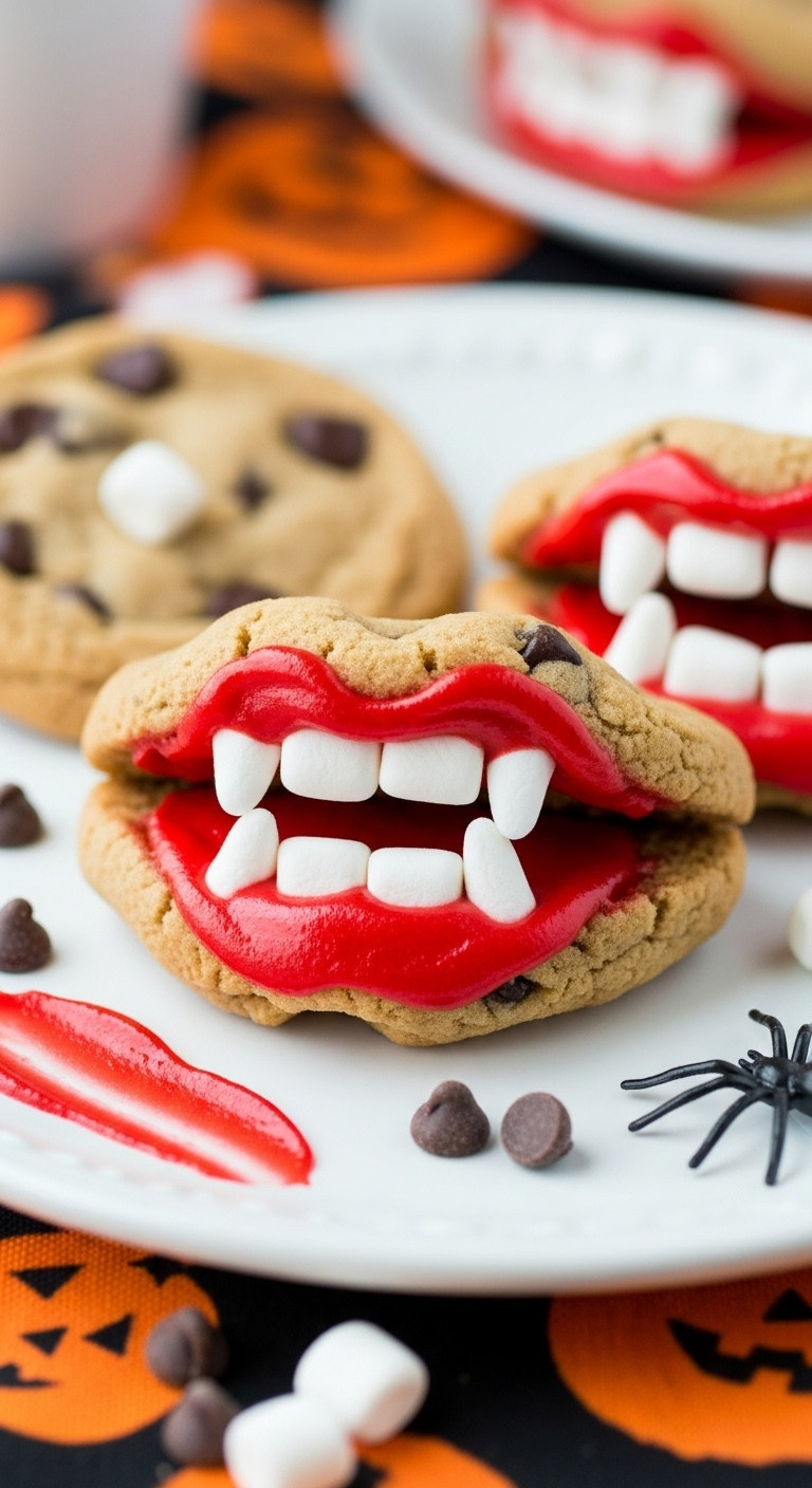Vampire Teeth Cookies With Chocolate Chip Halves, Red Frosting, Marshmallow Fangs On White Plate With Spider.