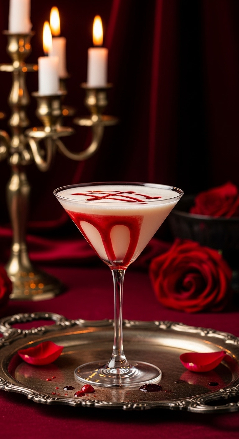 Vampire's Kiss Martini In A Classic Martini Glass With Creamy White Drink And Blood Drizzle On A Silver Tray Perfect For Recipes