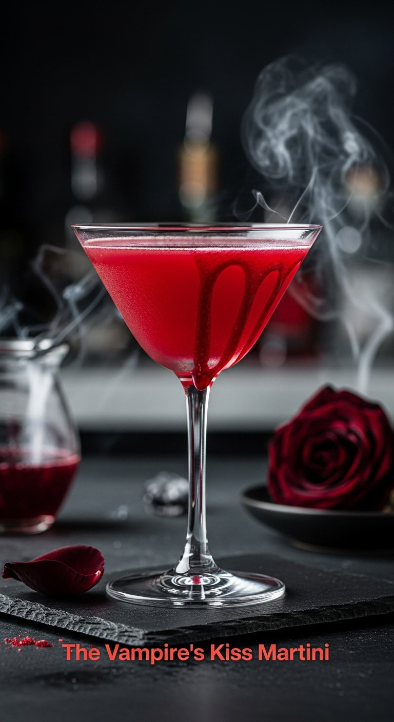 Vampire's Kiss Martini In A Coupe Glass With A Blood Drip On A Dark Slate Surface At A Dimly Lit Bar