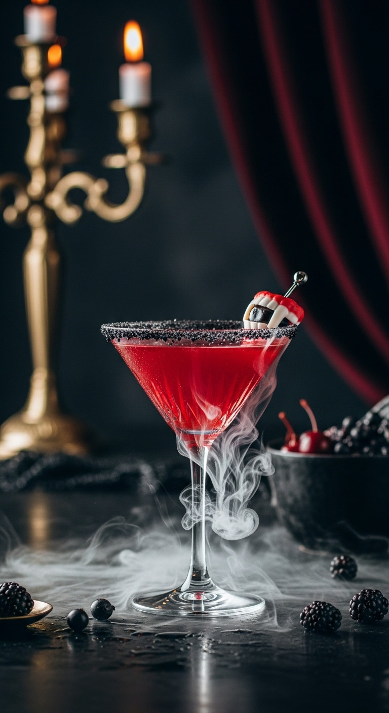 Vampire's Kiss Cocktail: Deep Red Drink In Martini Glass, Black Sugar Rim, Smoky Effect, Cherry Garnish.