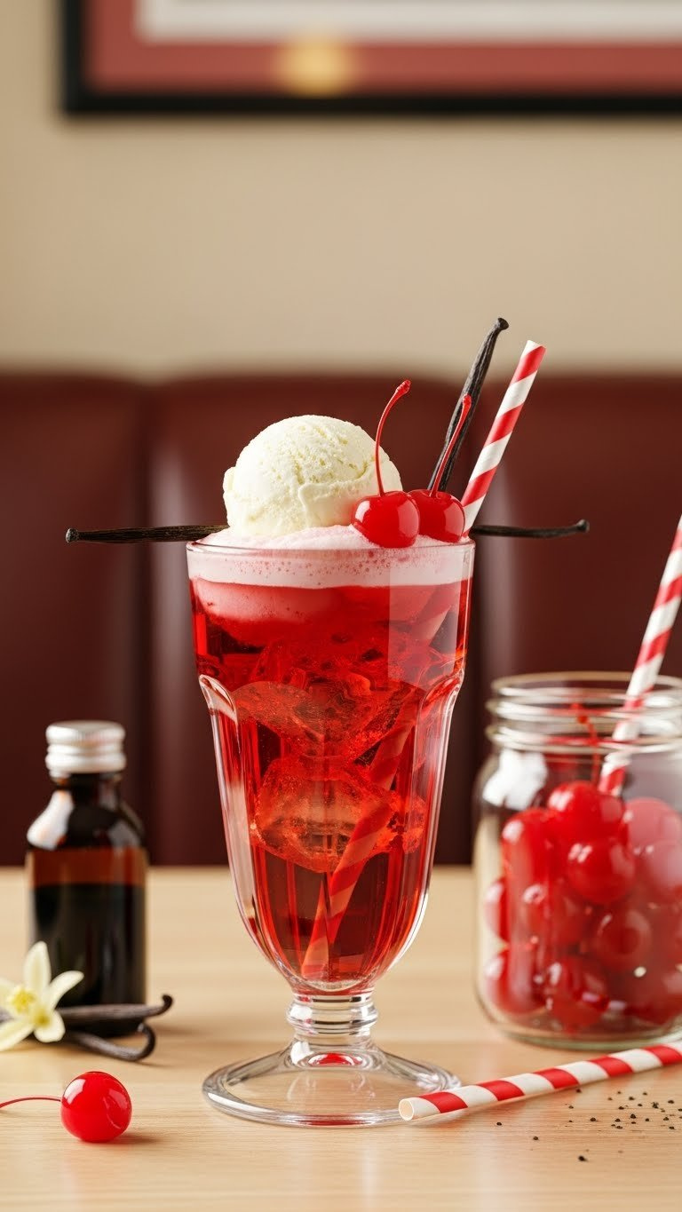 Vanilla Cherry Coke Mocktail With Red Cola, Vanilla Ice Cream, And Maraschino Cherries In Fluted Glass On Light Wooden Table