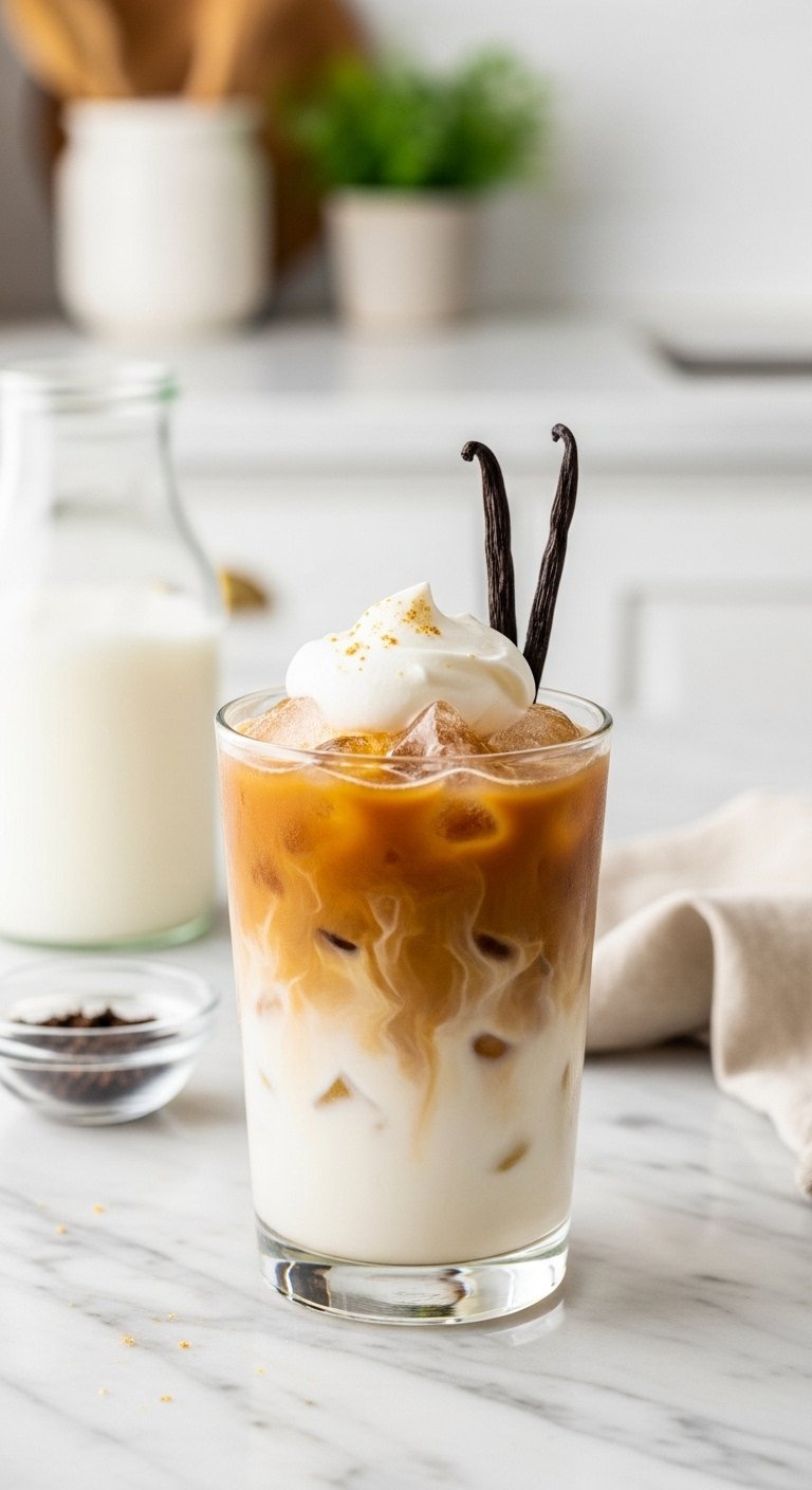 Vanilla Bean Iced Latte With Crushed Ice Whipped Cream And Vanilla Pod On A Marble Countertop.