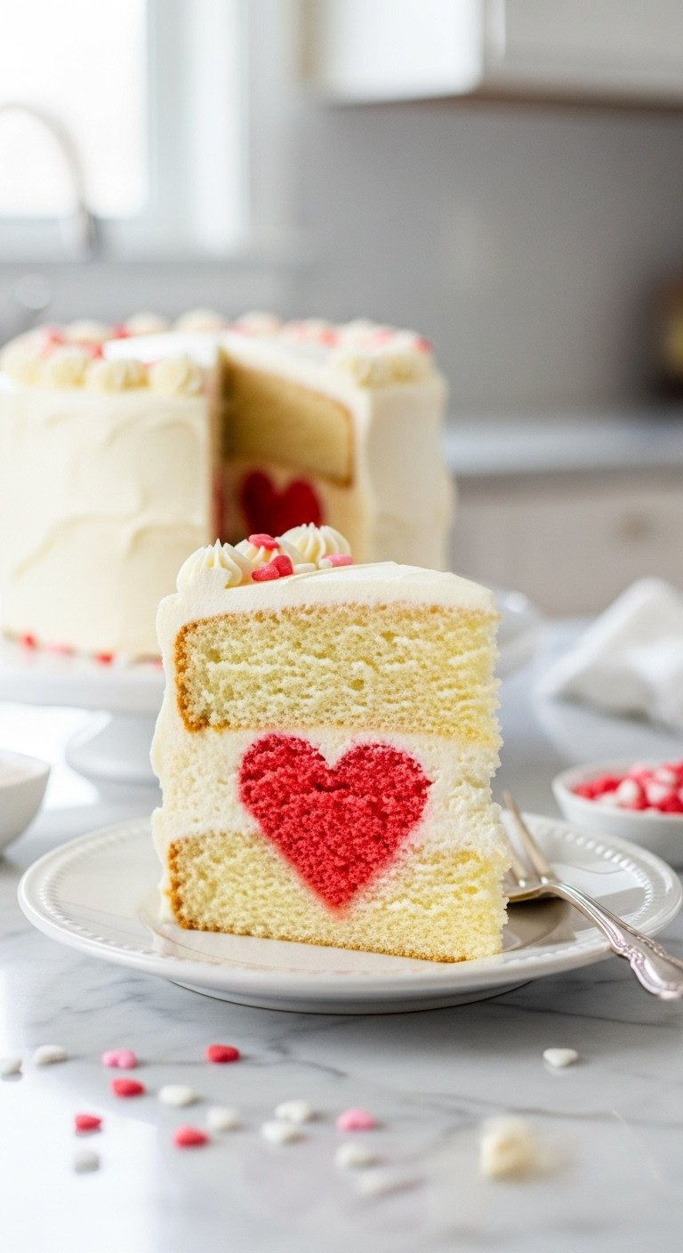 Vanilla Cake Slice On White Plate Revealing A Vibrant Pink Heart Inside, Smooth White Buttercream, Sprinkles, Silver Fork On Marble. Cozy Dessert.