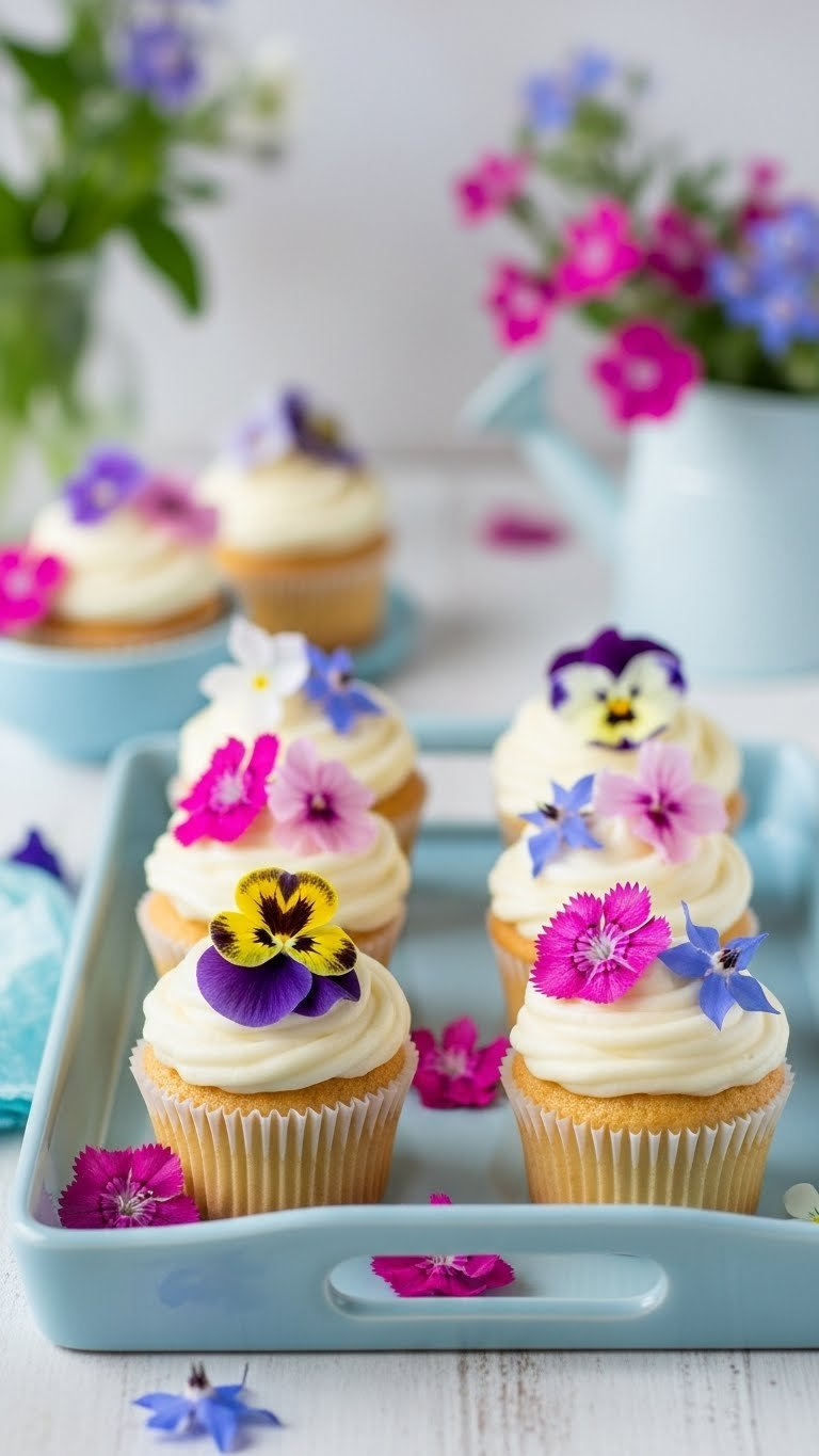 Vanilla Cupcakes Decorated With Vibrant Edible Flowers On Light Blue Ceramic Tray Against Soft Blurred Garden Background