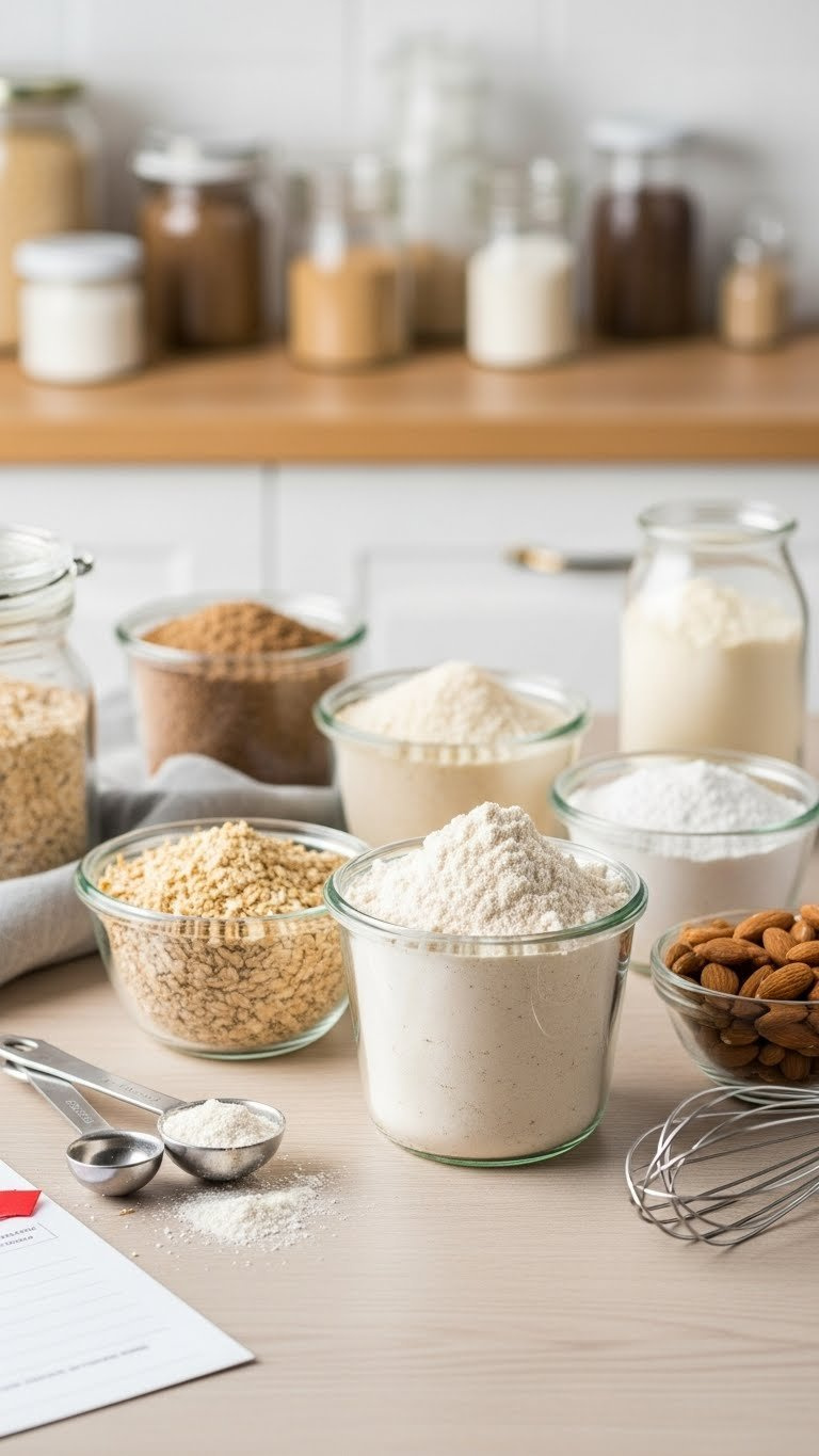 Various Gluten-Free Flour Blends In Glass Bowls Arranged On Wooden Countertop For Baking Recipes