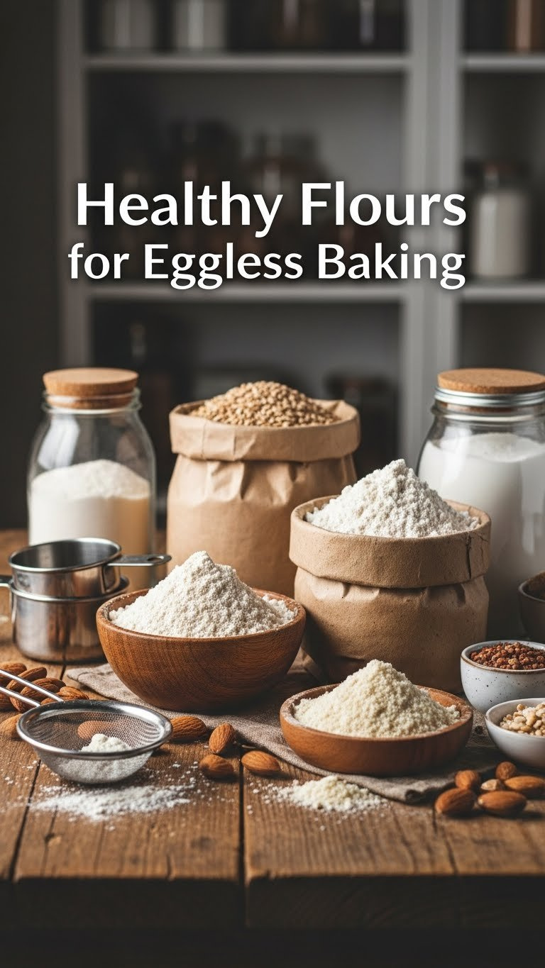 Various Healthy Flours For Eggless Baking Including Oat Flour, Almond Flour, And Whole Wheat Flour On Rustic Wooden Table.