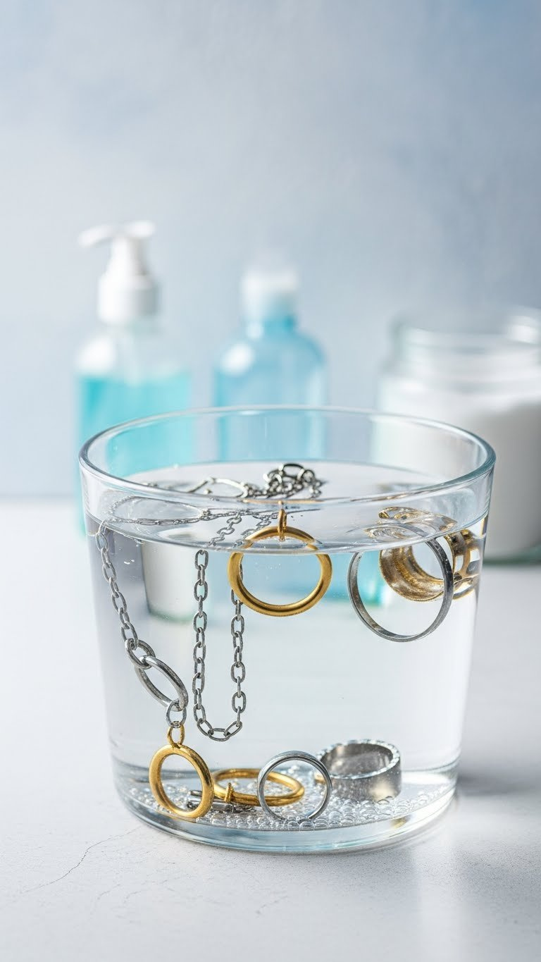 Various Jewelry Pieces Submerged In Baking Soda And Dish Soap Cleaning Solution In Glass Bowl With Top-Down Flat Lay Composition