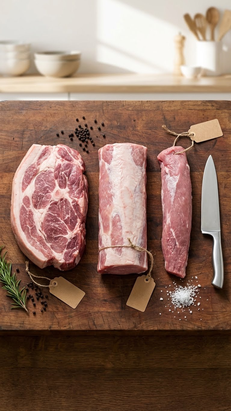 Various Raw Pork Cuts, Including Shoulder, Loin, And Tenderloin, Displayed On A Butcher Block For Pulled Pork Recipes.