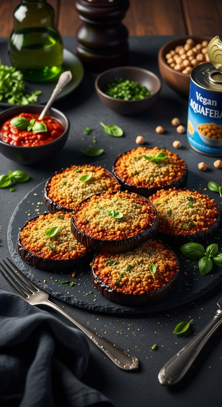 Vegan Crispy Baked Eggplant With Nutritional Yeast On A Dark Slate Platter With Marinara Herbs And Chickpeas