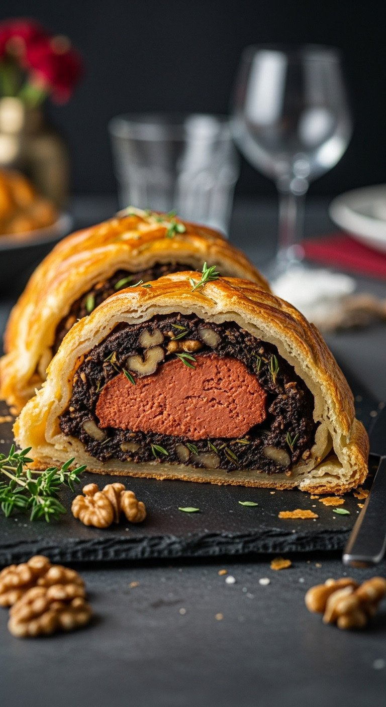 Vegan Mushroom Wellington Cross-Section With Rich Mushroom, Walnut, Herb Filling In Flaky Golden Puff Pastry On Dark Slate.
