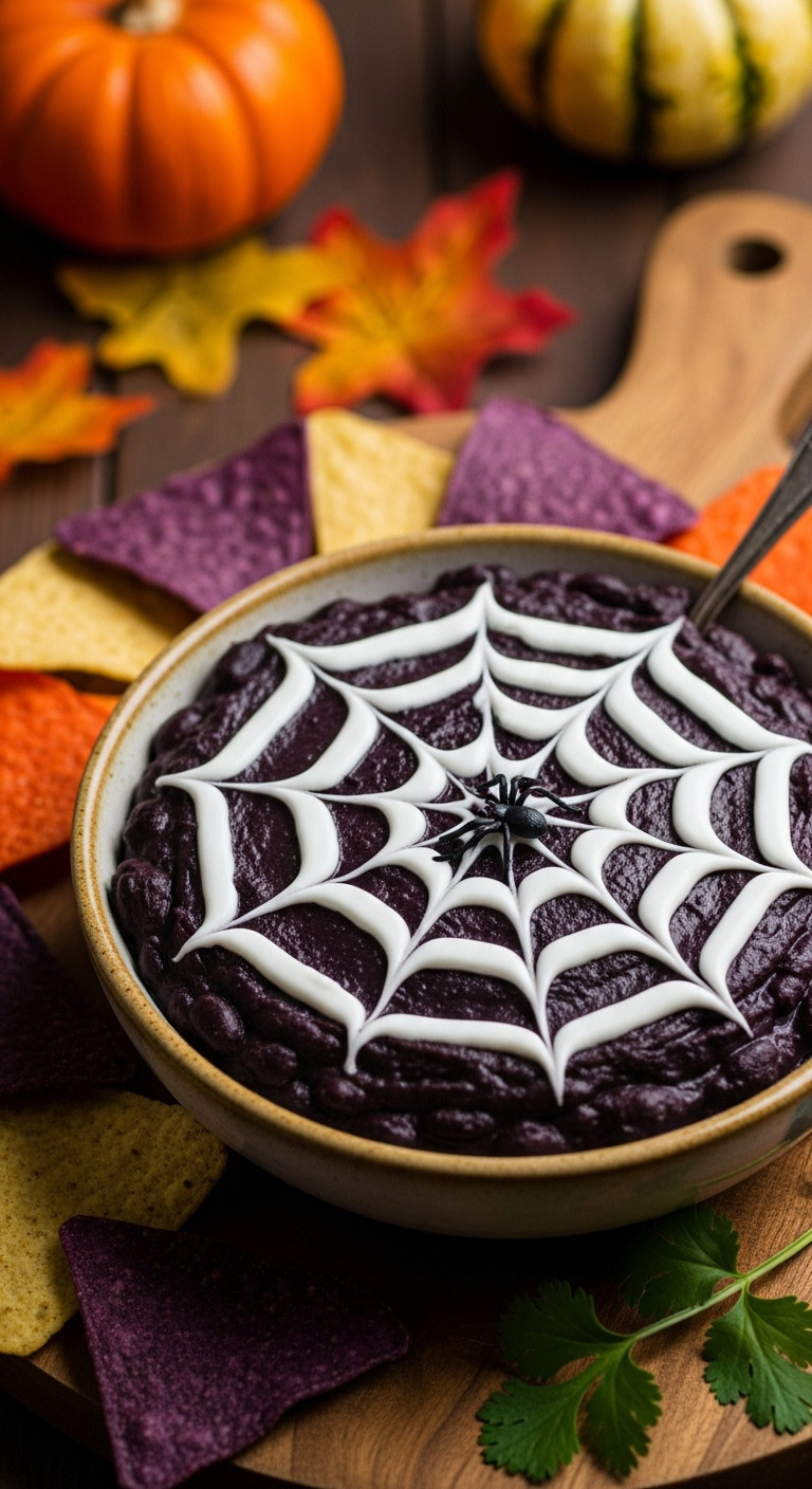Vegan Black Bean Dip With White Spiderweb Design, Toy Spider, And Tortilla Chips On A Rustic Wood Board For Halloween.