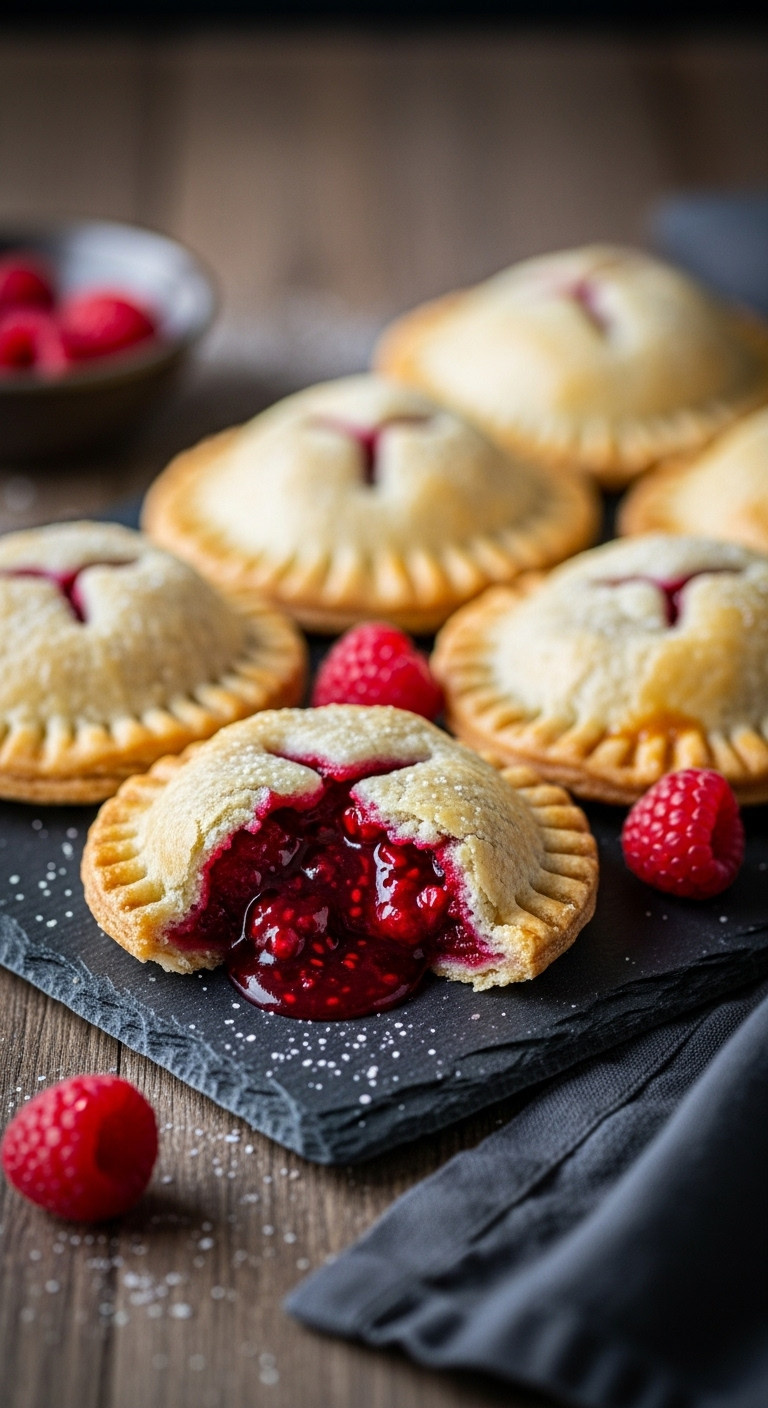 Vegan 'Bloody' Raspberry Hand Pies With Oozing Red Filling, Flaky Golden Crust, Dark Slate Platter, Fresh Raspberries.