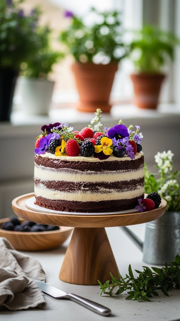 Vegan Chocolate Cake With Edible Flowers And Berries On Sustainable Wooden Cake Stand In Garden Setting