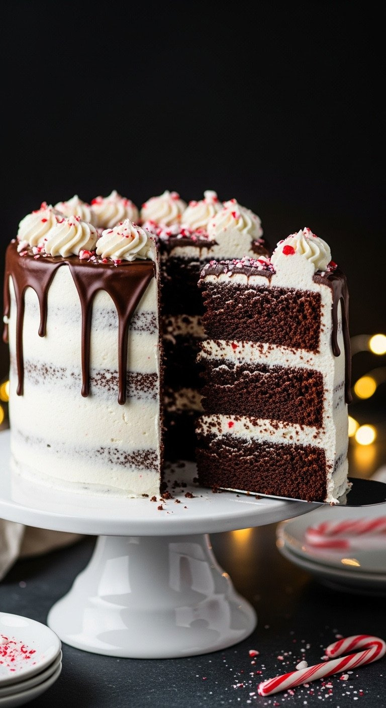 Vegan Chocolate Peppermint Layer Cake With Ganache Drip On A White Cake Stand, Showing The Layers With A Slice Removed.