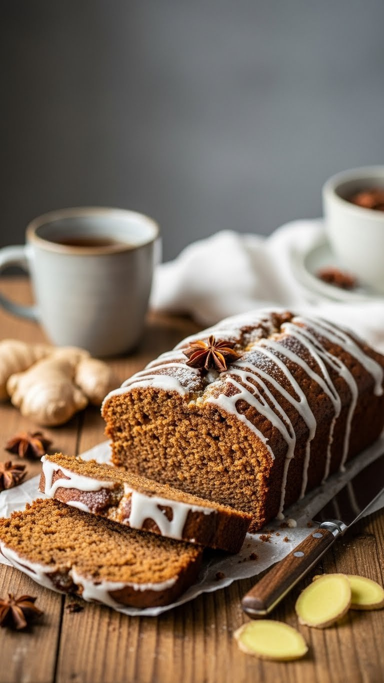 Vegan Gingerbread Spiced Loaf Sliced To Reveal Moist Crumb With Powdered Sugar On Rustic Wooden Table