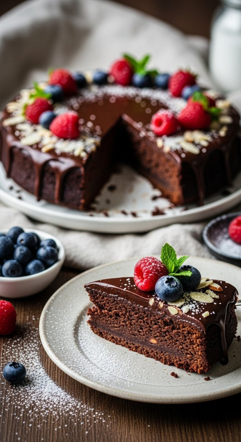Vegan, Gluten-Free Flourless Chocolate Torte With Dark Mirror Glaze, Fresh Berries, Slivered Almonds. Decadent Dessert.