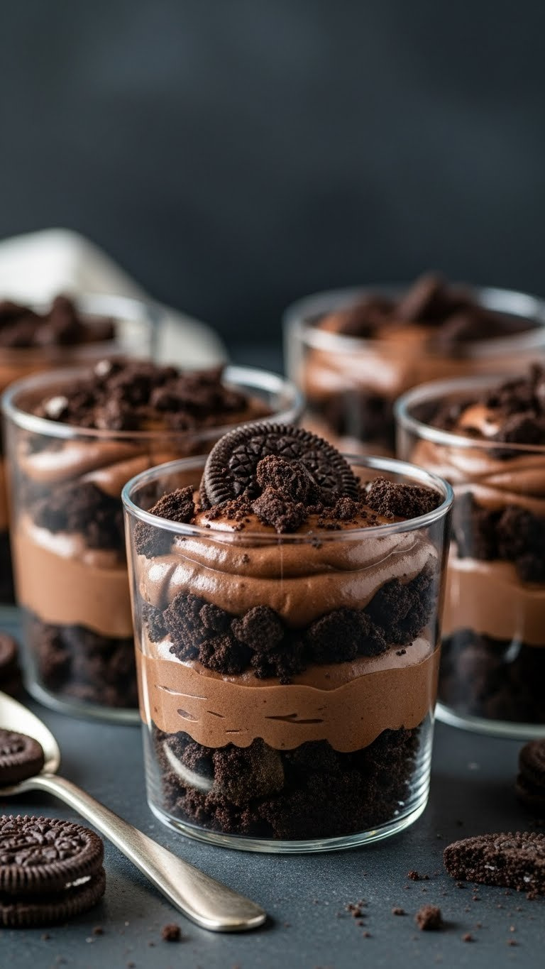 Vegan Gluten-Free Graveyard Dirt Cups With Chocolate Pudding And Cookie Crumble Layers In Clear Containers