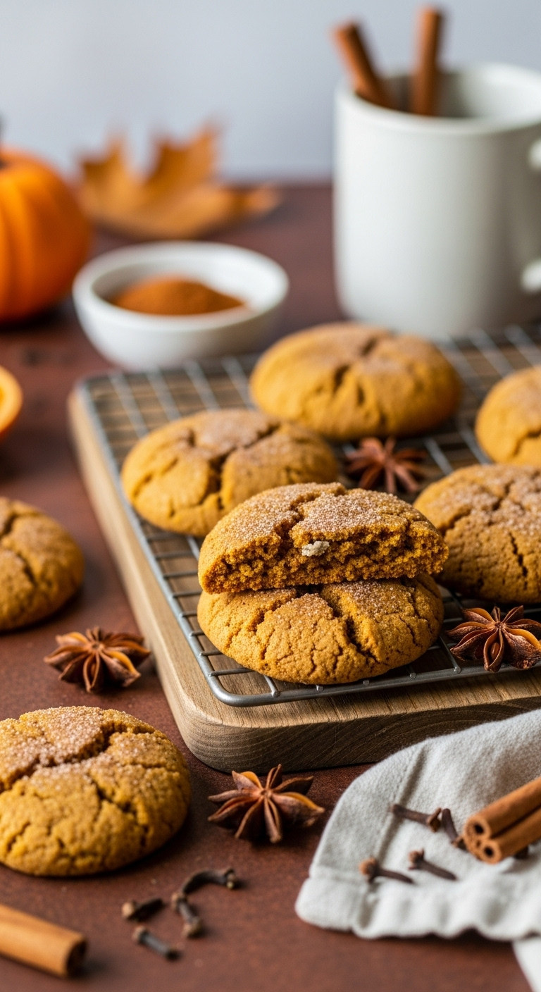 Vegan Gluten-Free Pumpkin Spice Cookies With Cinnamon Sugar Dusting, Star Anise, And Cloves On A Wooden Rack.