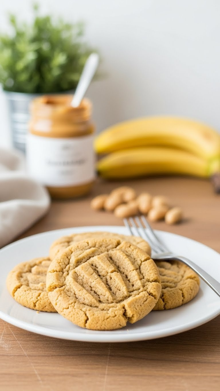 Vegan Peanut Butter Banana Cookies With Fork Marks On White Ceramic Plate In Bright Daylight Setting
