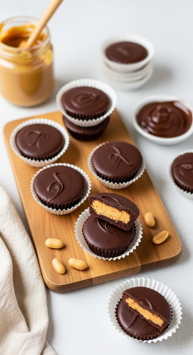 Vegan Peanut Butter Chocolate Cups, Creamy Filling, Glossy, In Liners On Wood. Bright, Fresh Plant-Based Dessert.