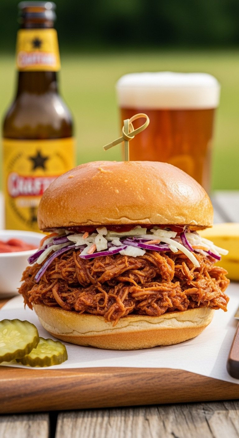Vegan Pulled Pork Sandwich Made From Banana Peels Served On Brioche Bun With Coleslaw.