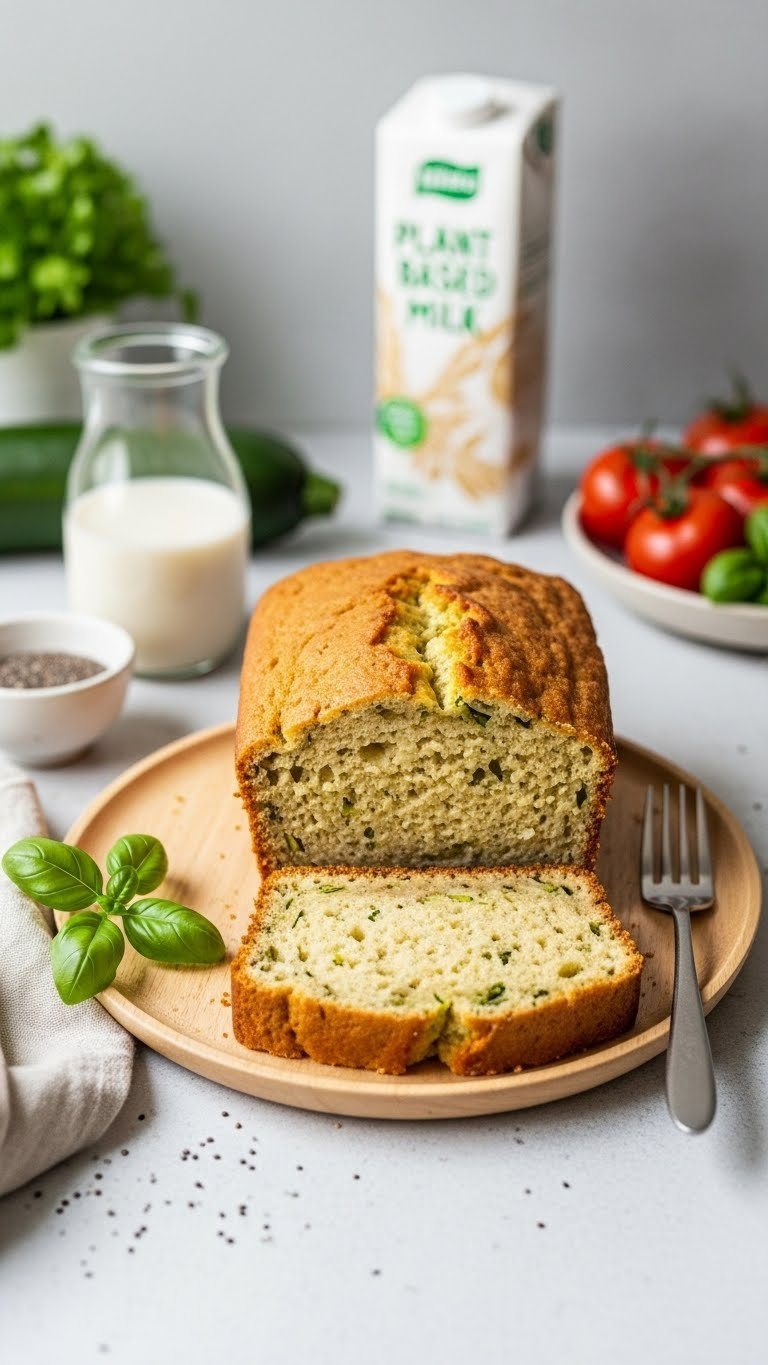 Vegan Sourdough Zucchini Bread Slice With Tender Crumb On Light Wooden Plate With Oat Milk