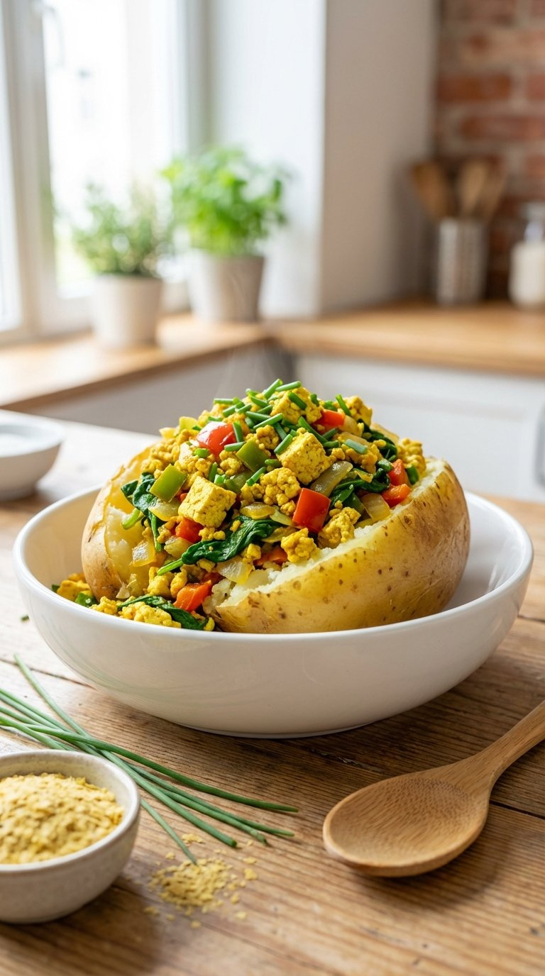 Vegan Tofu Scramble Baked Potato With Turmeric, Bell Peppers, Onions And Spinach Garnished With Chives