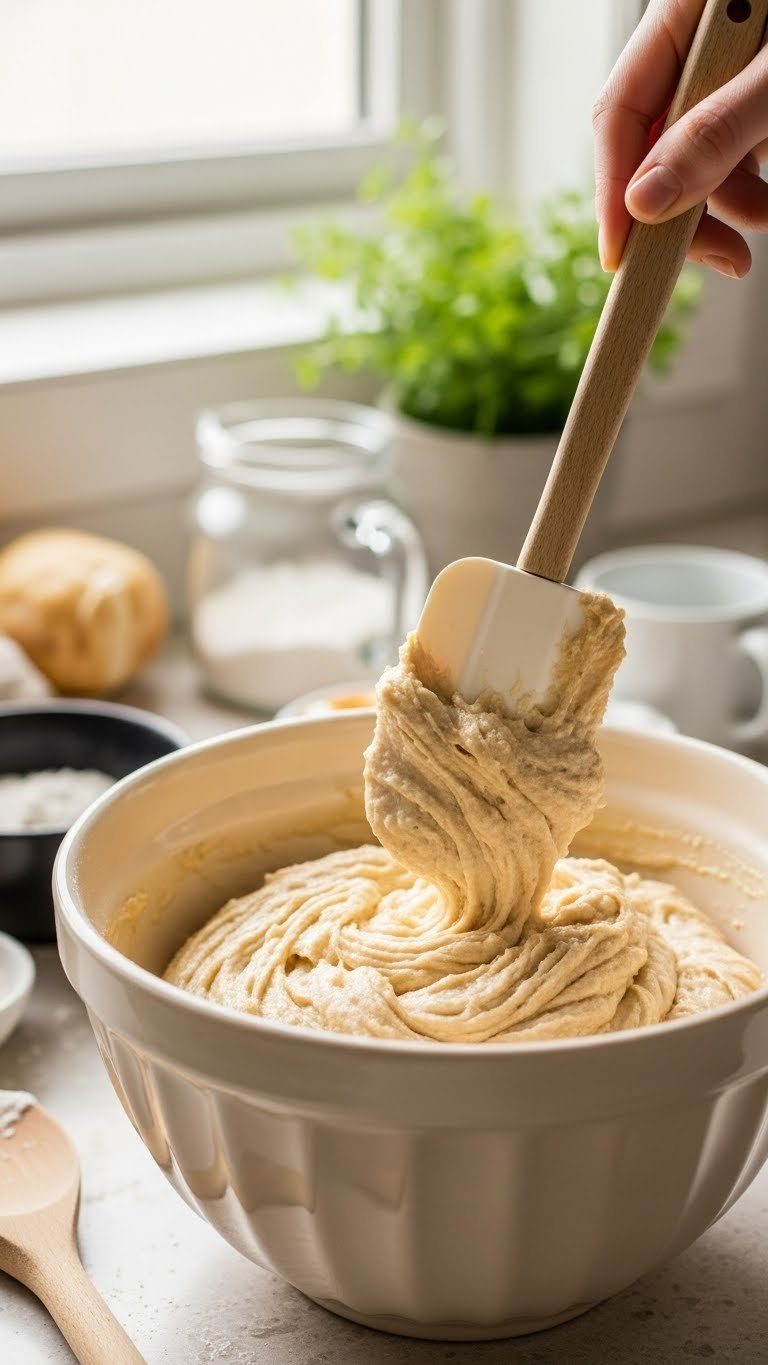 Vegan Zucchini Bread Batter Being Gently Folded With Silicone Spatula In Large Ceramic Mixing Bowl