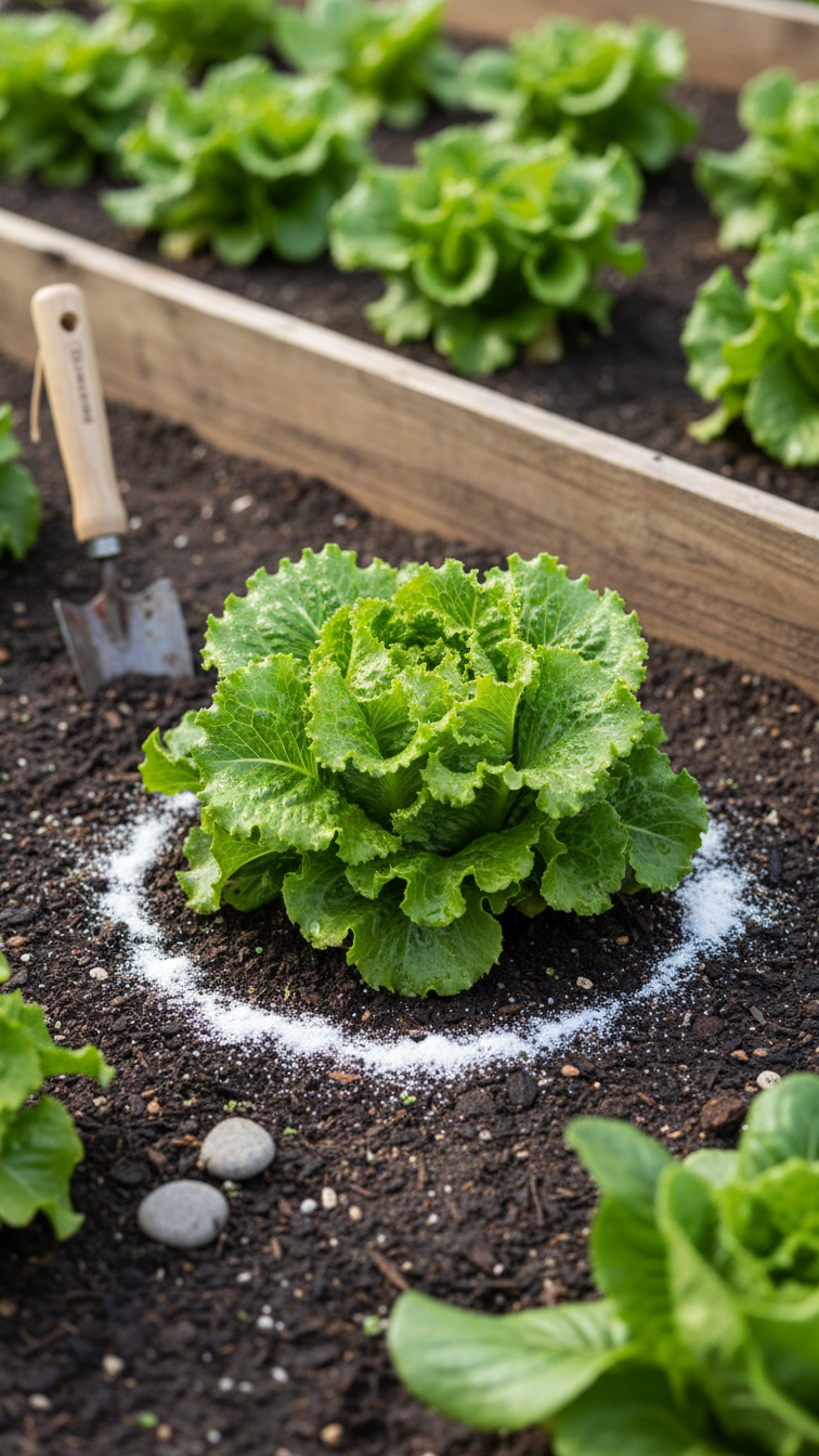 Vegetable Garden Bed With Leafy Greens Showing Baking Soda Powder Barrier Around Plant Base In Natural Outdoor Setting