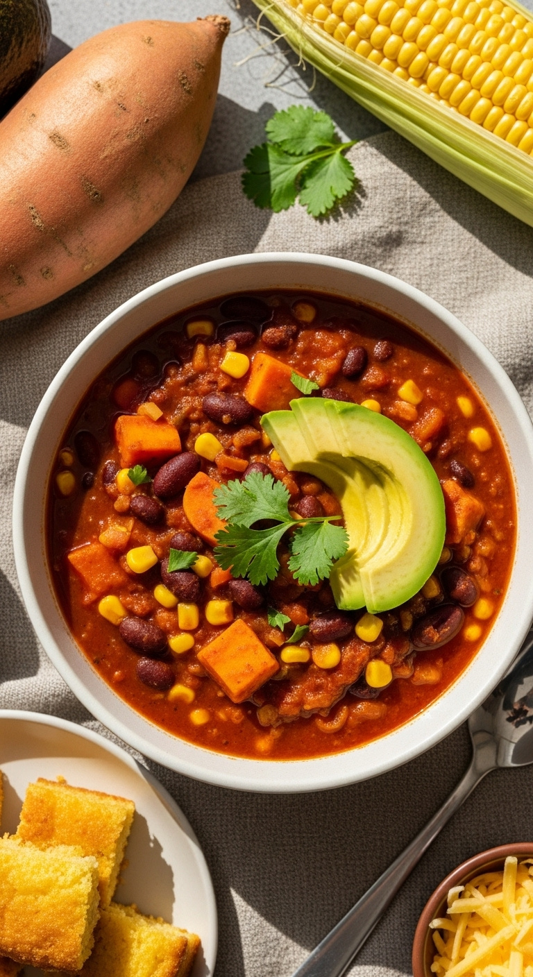 Vegetarian Harvest Chili With Black Beans Sweet Potato Avocado Cilantro Cornbread Cheese On Textured Fabric