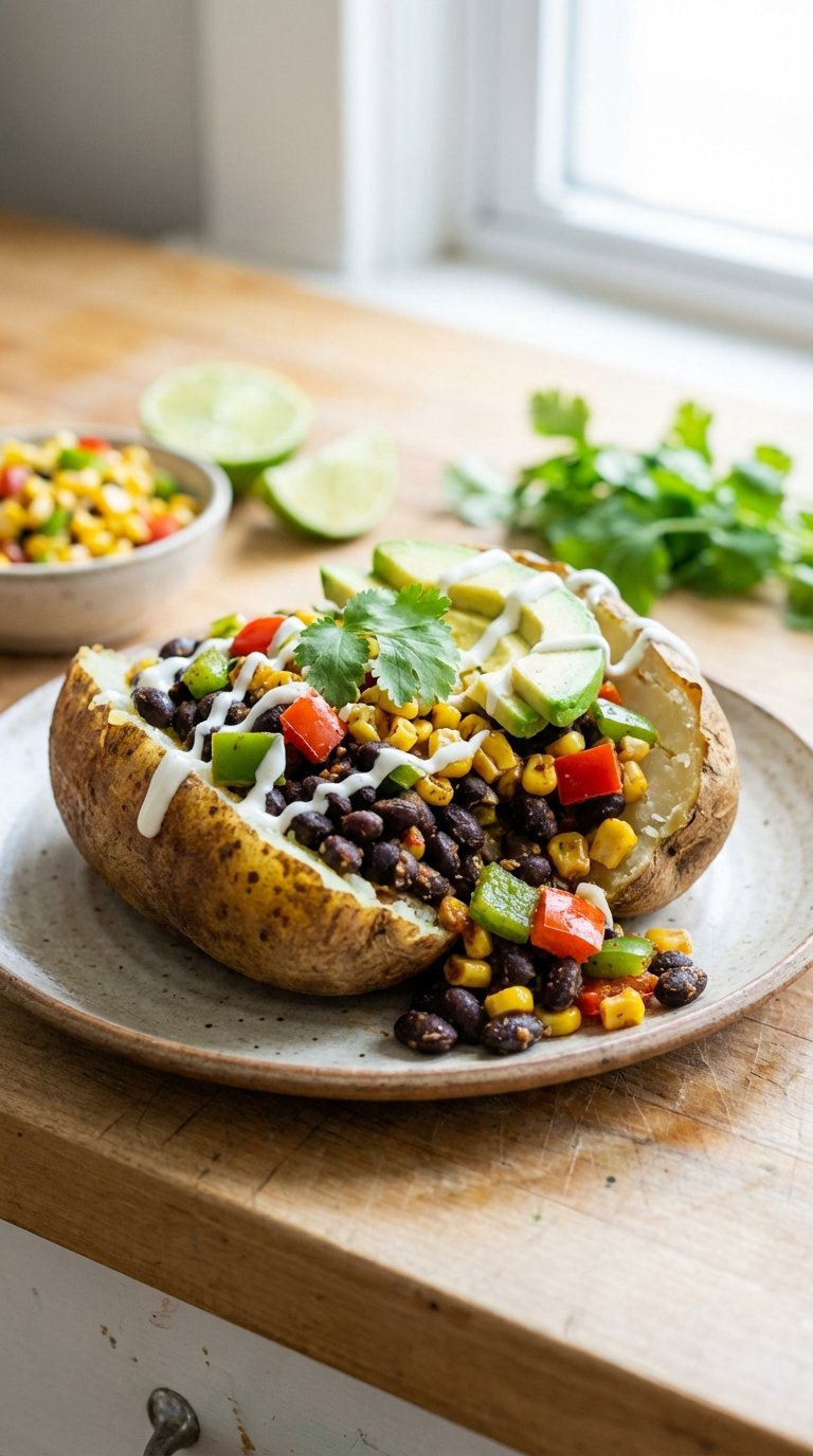 Vegetarian Black Bean Baked Potato With Roasted Corn, Bell Peppers, Avocado, And Lime Crema On Rustic Ceramic Plate