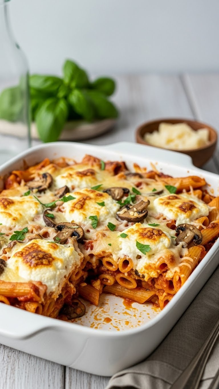 Vegetarian Ricotta Mushroom Pasta Bake With Golden-Brown Cheese Topping And Fresh Parsley Garnish
