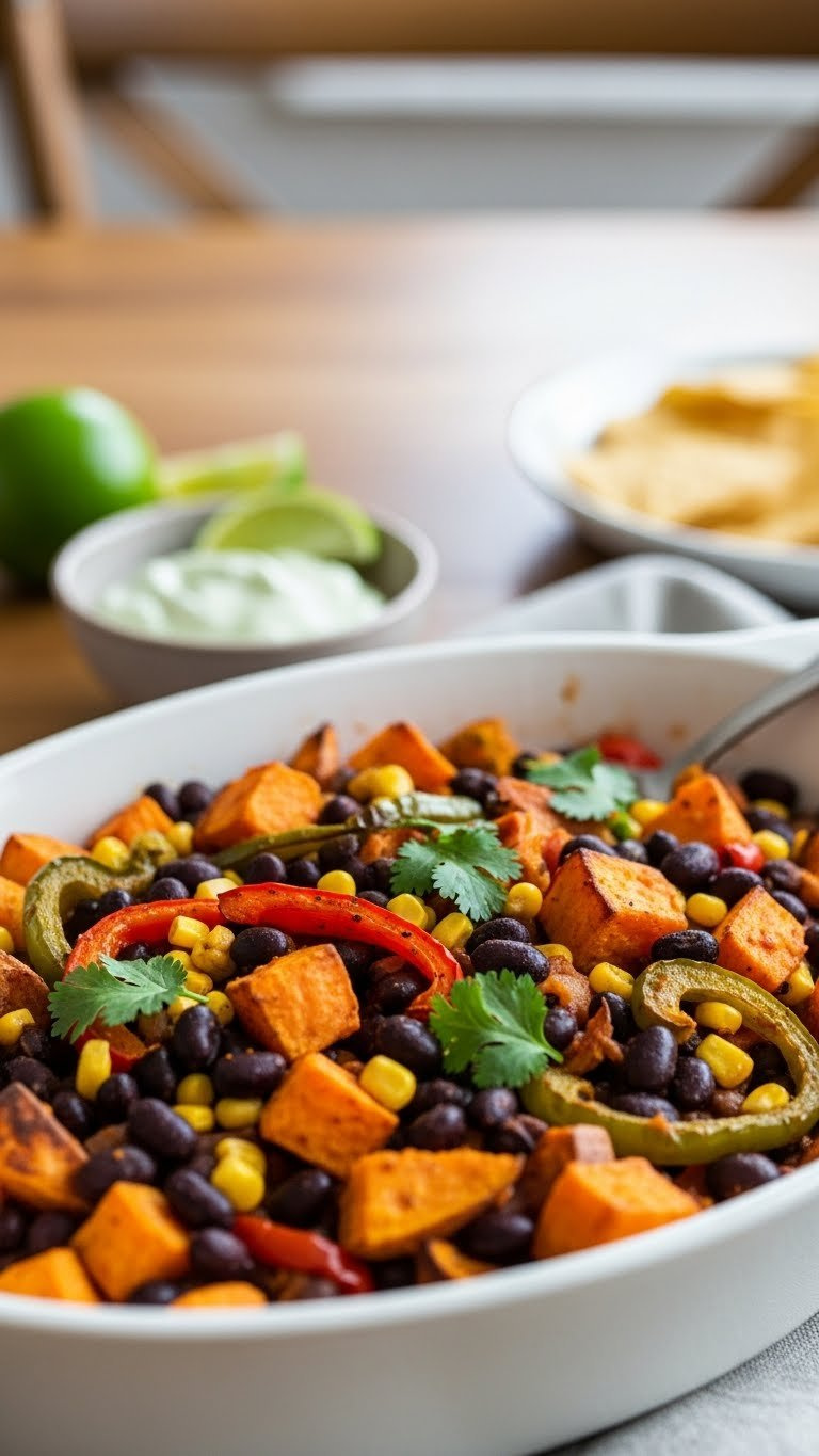Vegetarian Sweet Potato And Black Bean Bake With Roasted Vegetables And Cilantro Garnish In White Oval Baking Dish
