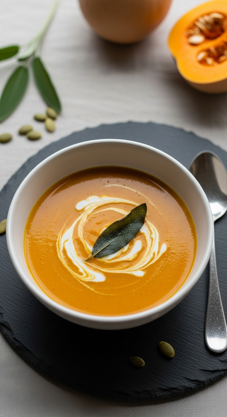 Velvety Butternut Squash Soup With Coconut Cream Sage Leaf In White Bowl On Dark Slate Placemat With Pumpkin Seeds